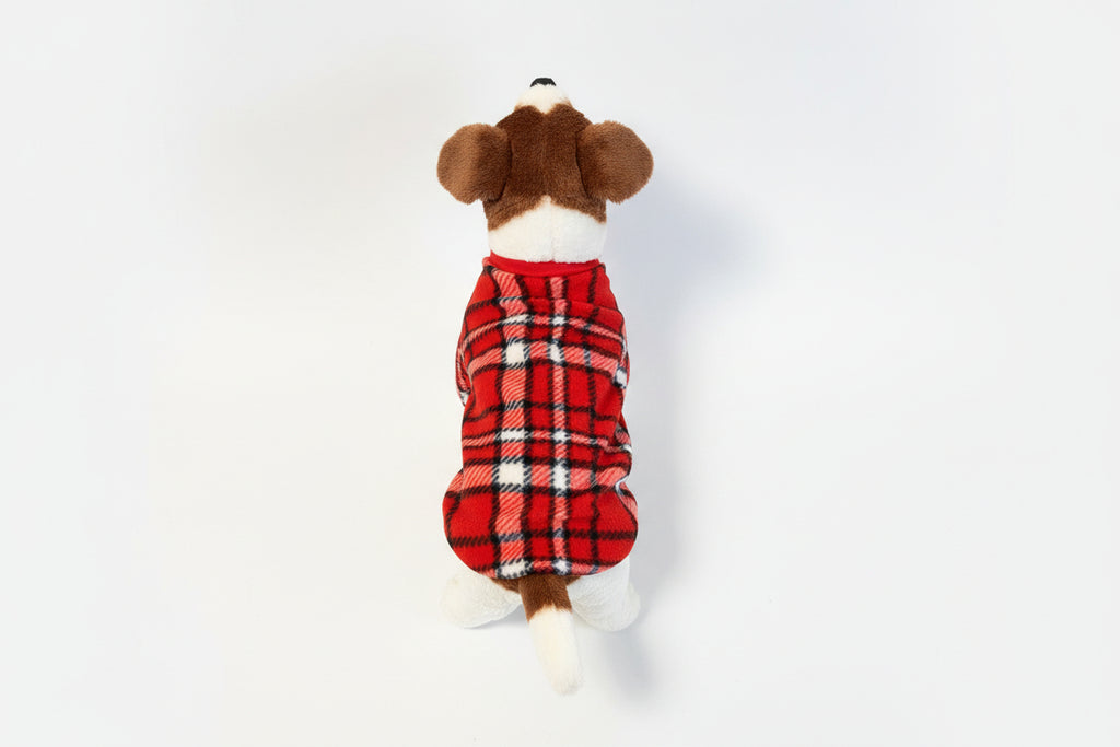Dog wearing a red plaid sweater on a beige couch
