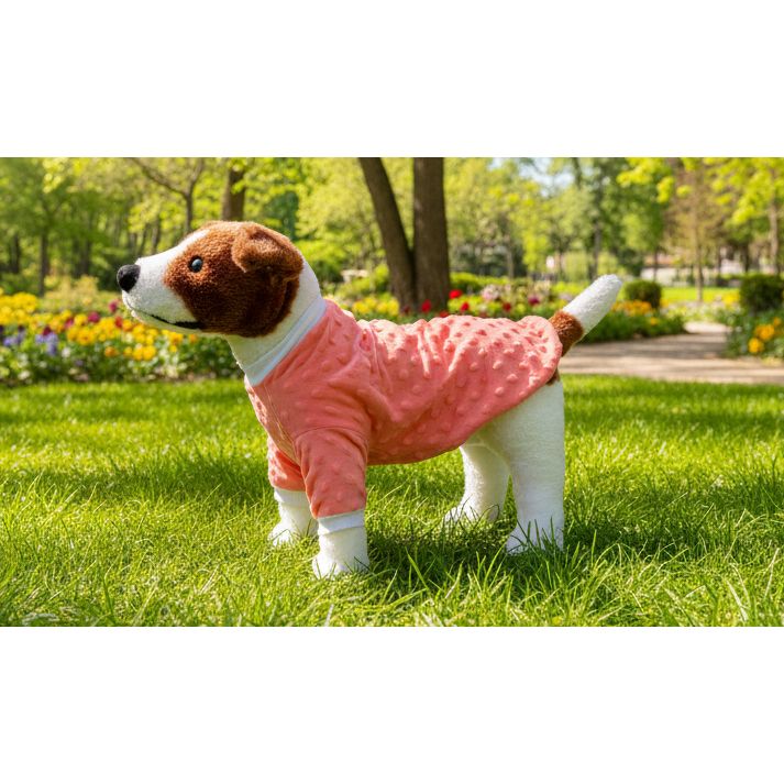 Dog wearing a pink fleece coat on a beige couch
