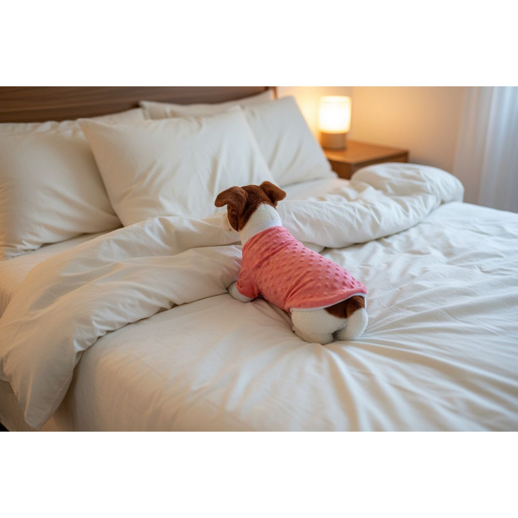 Small dog wearing a pink sweater on a beige couch