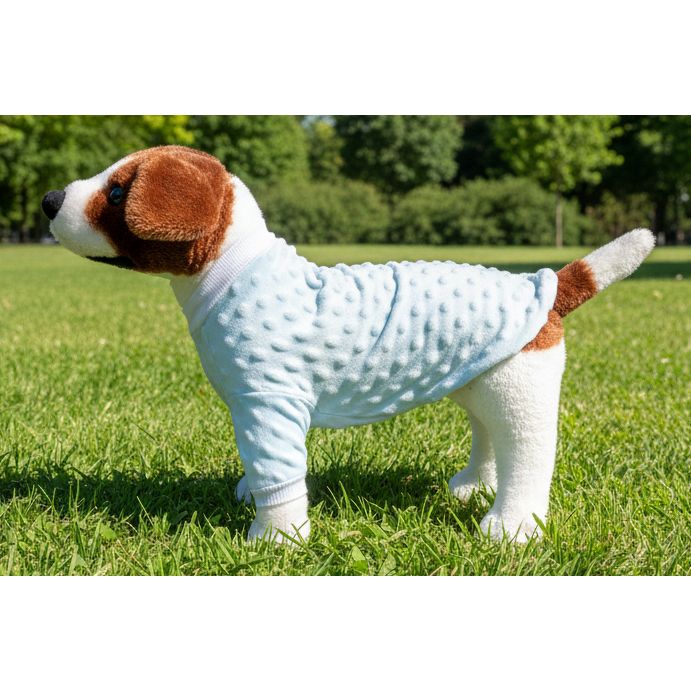 Dog wearing a light blue sweater on a beige couch