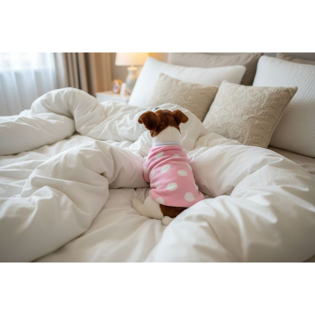 Dog wearing a pink polka dot outfit peeking from behind a beige couch.