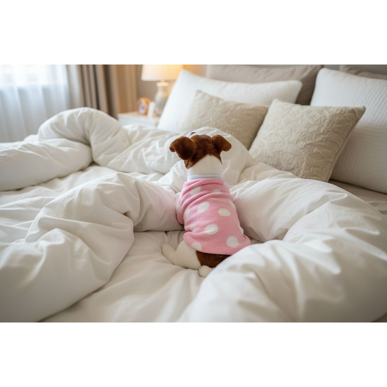 Dog wearing a pink polka dot outfit peeking from behind a beige couch.
