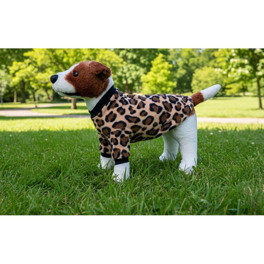 Plush toy dog in a leopard print outfit on a beige couch