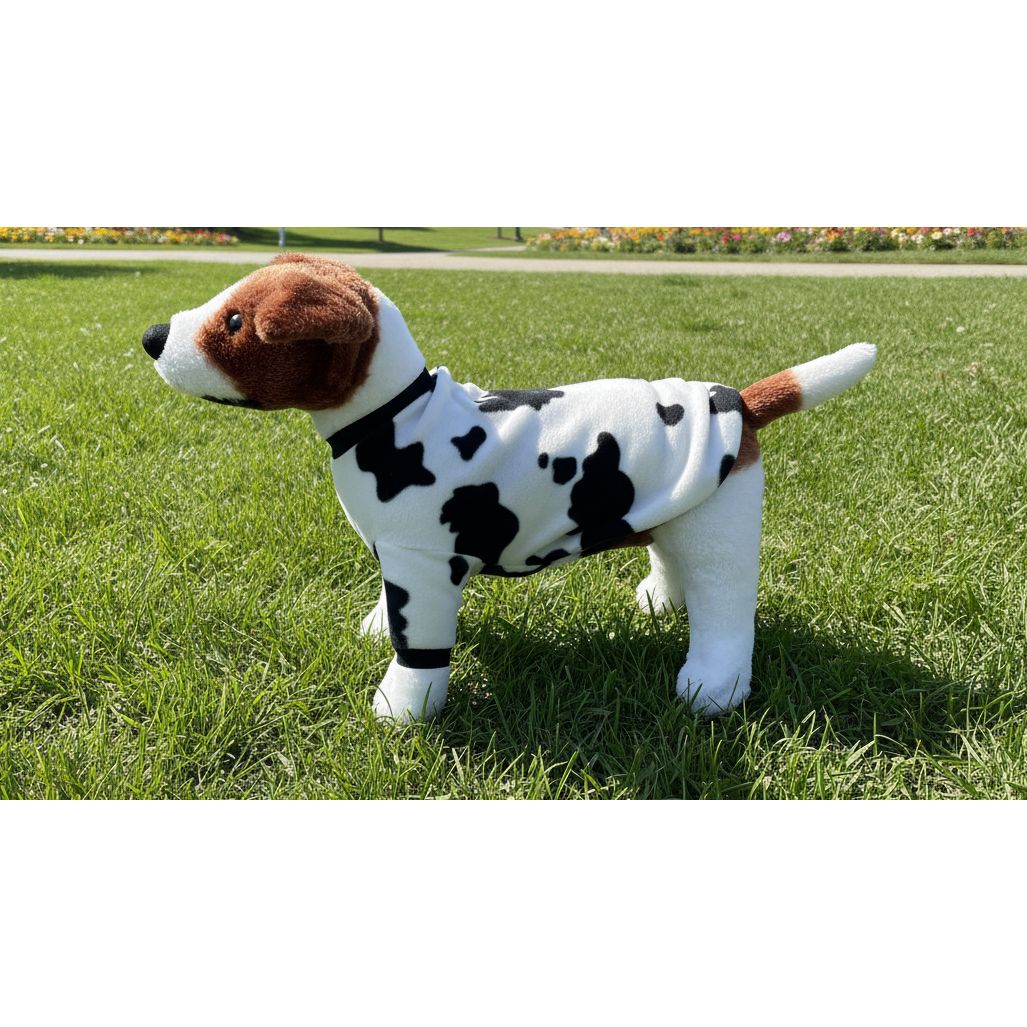 dog wearing a cow print fleece sweater