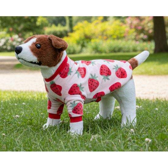 Stuffed dog toy wearing a strawberry-patterned outfit on a beige couch.