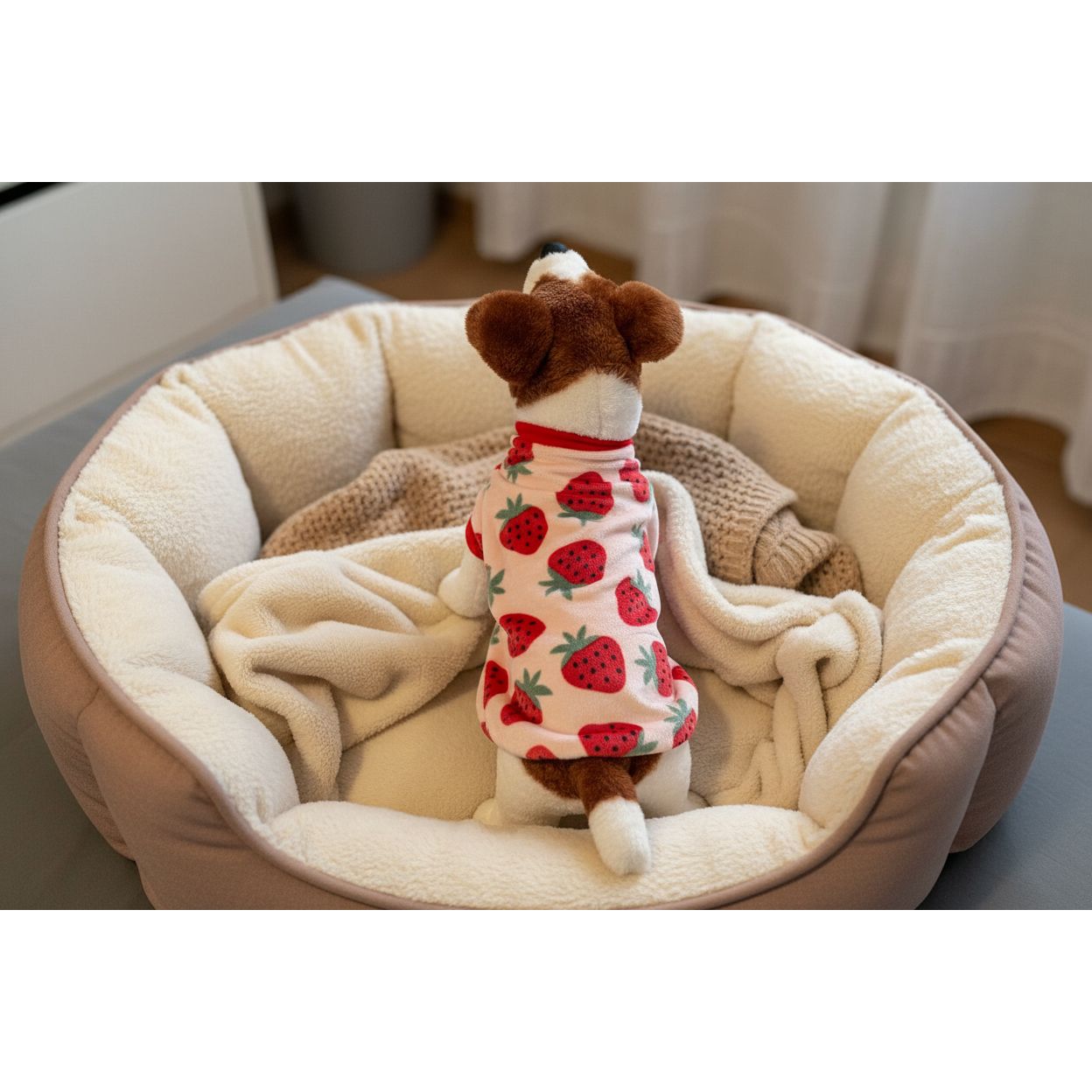 Dog wearing a strawberry patterned shirt on a beige couch