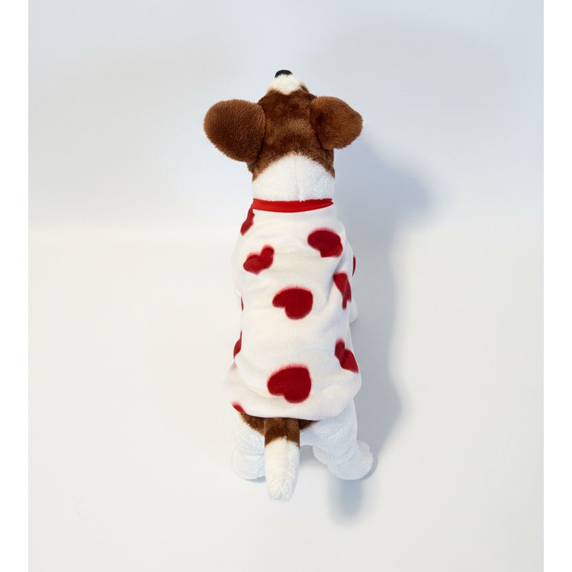 Red and white large hearts fleece dog sweater with red trim.