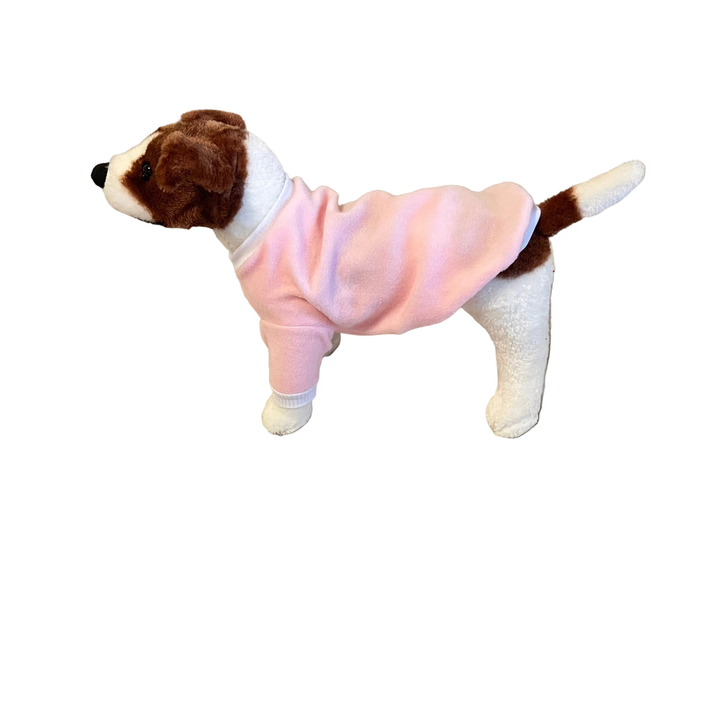 Real dog with a pink sweater on a beige couch