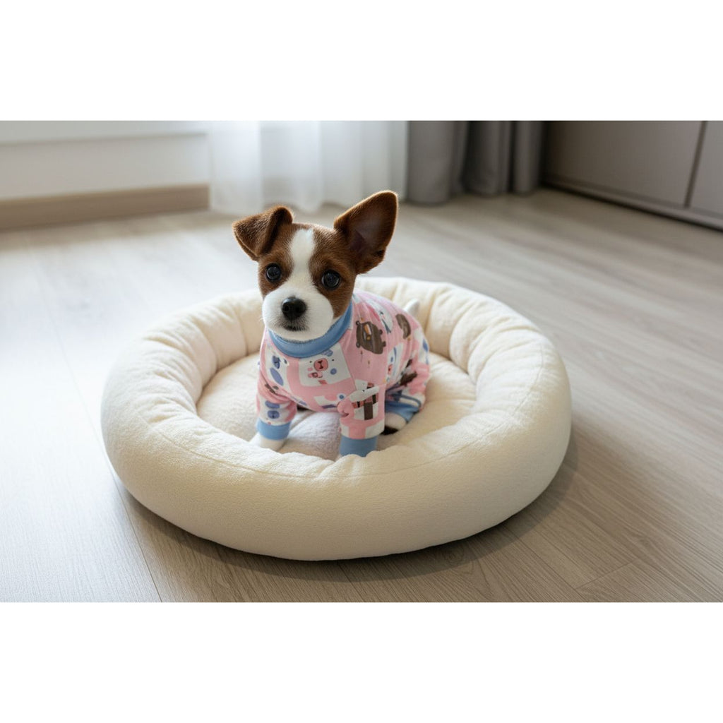 Dog wearing pink pajamas with cartoon designs on a beige couch