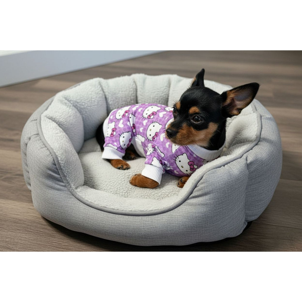 Small dog wearing purple Hello Kitty pajamas sitting on a beige couch.