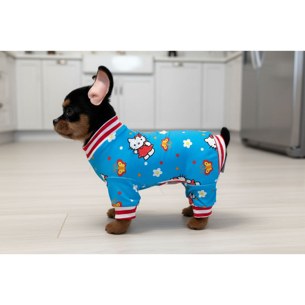 Small dog wearing a blue outfit with cartoon characters on a beige couch.