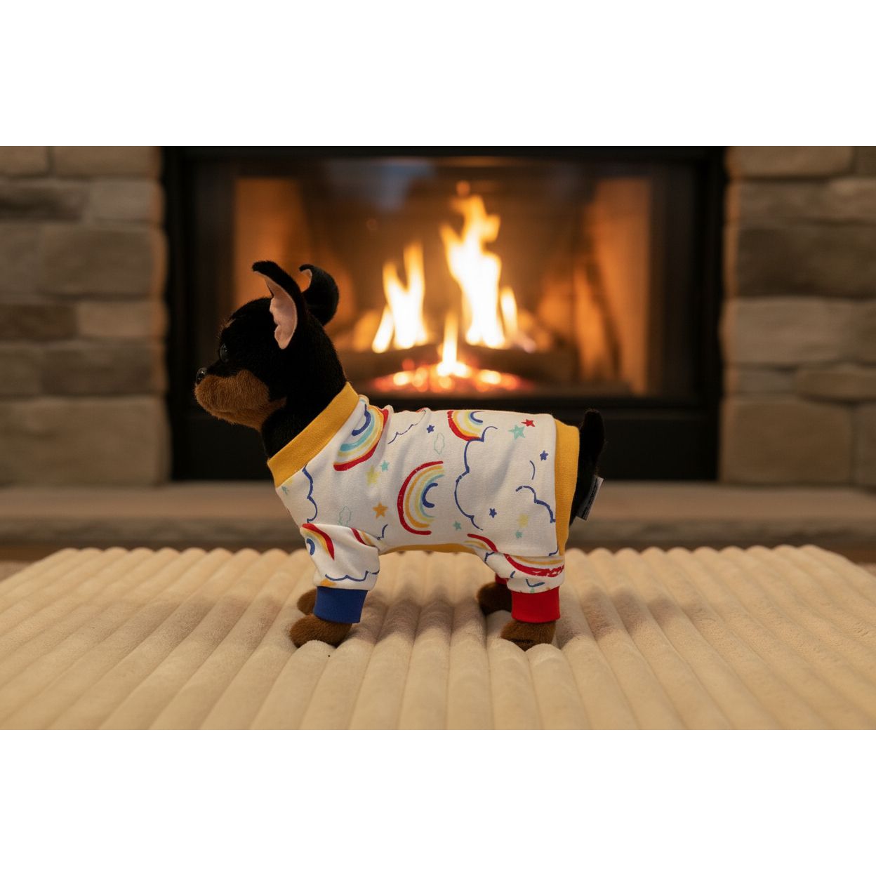 Small dog wearing a colorful onesie with rainbow and cloud patterns on a beige couch.