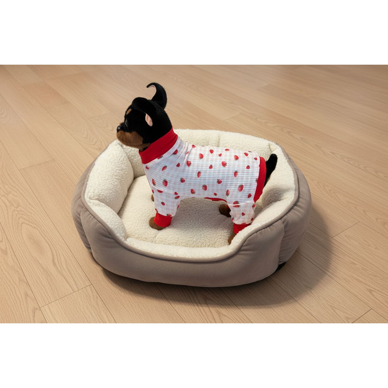 Small dog wearing a red and white polka dot outfit on a beige couch.