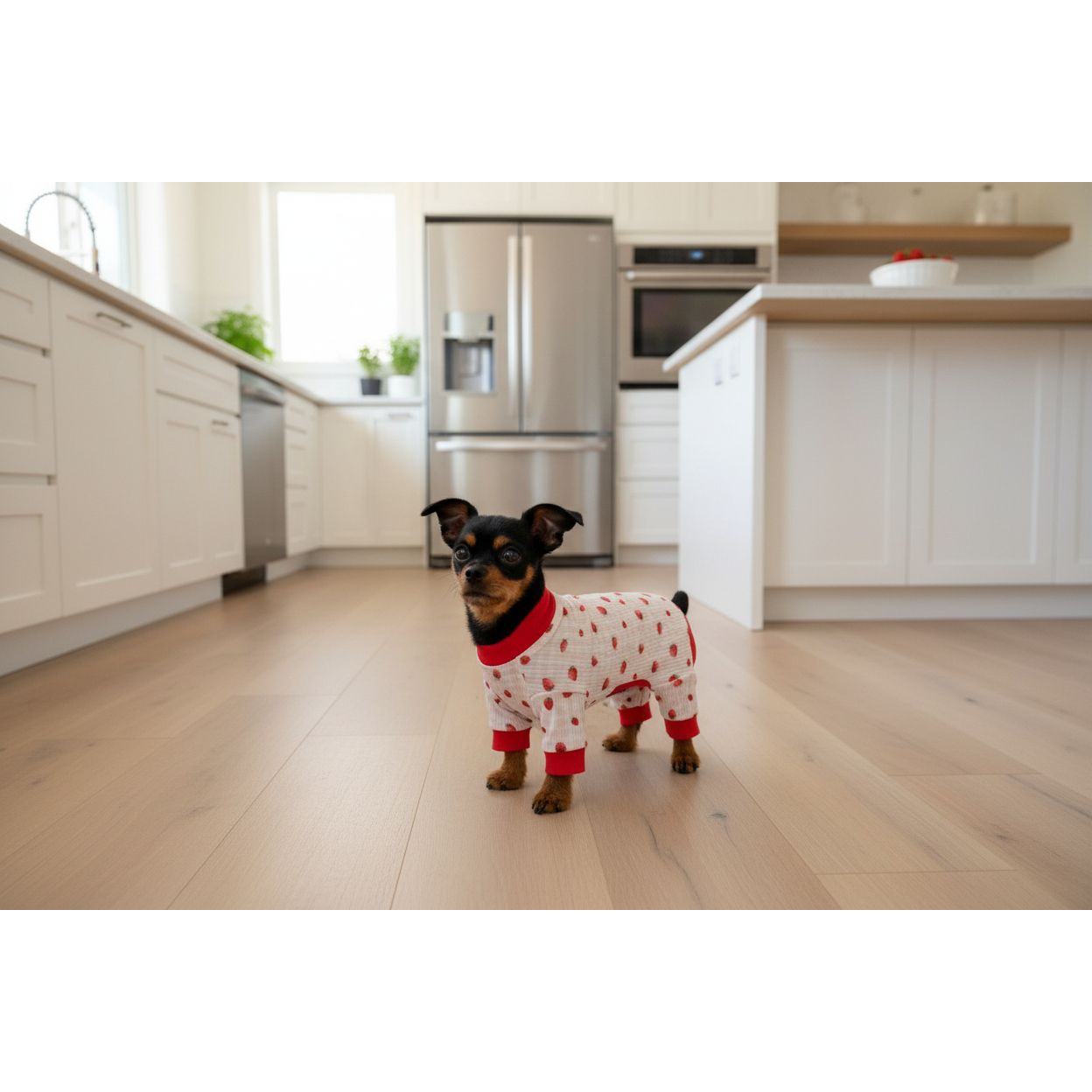 Small dog wearing a red and white polka dot outfit on a beige couch