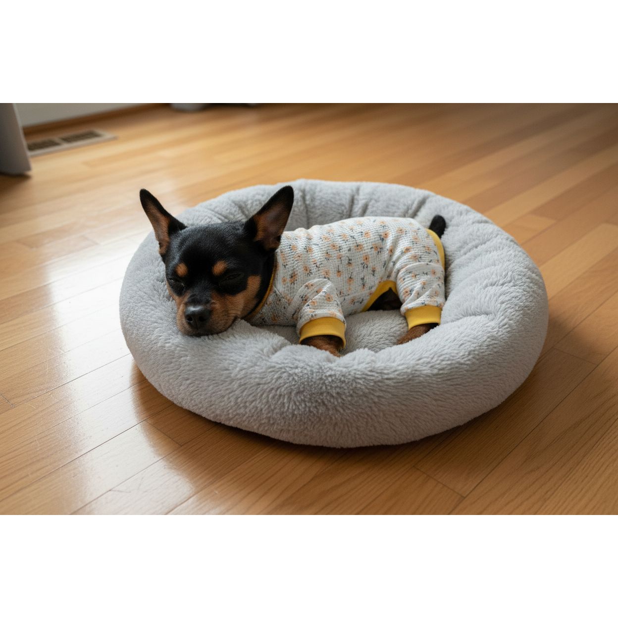 Small dog wearing a floral pajama outfit on a beige couch