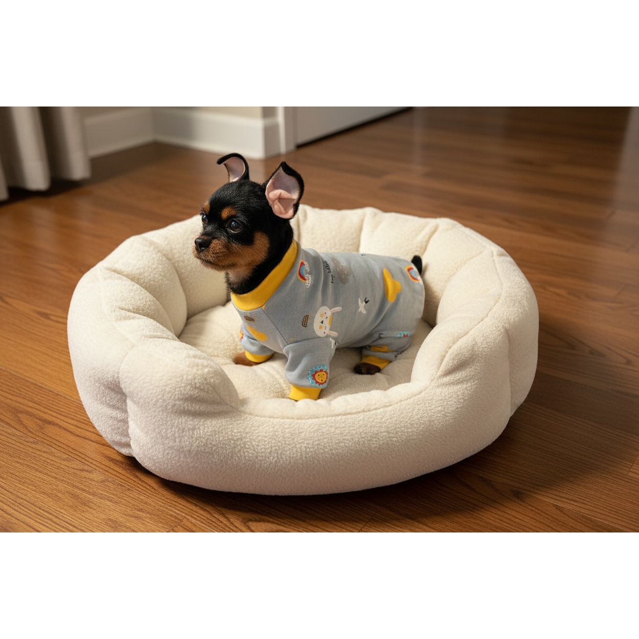 Small dog wearing a gray outfit with colorful patterns on a beige couch.