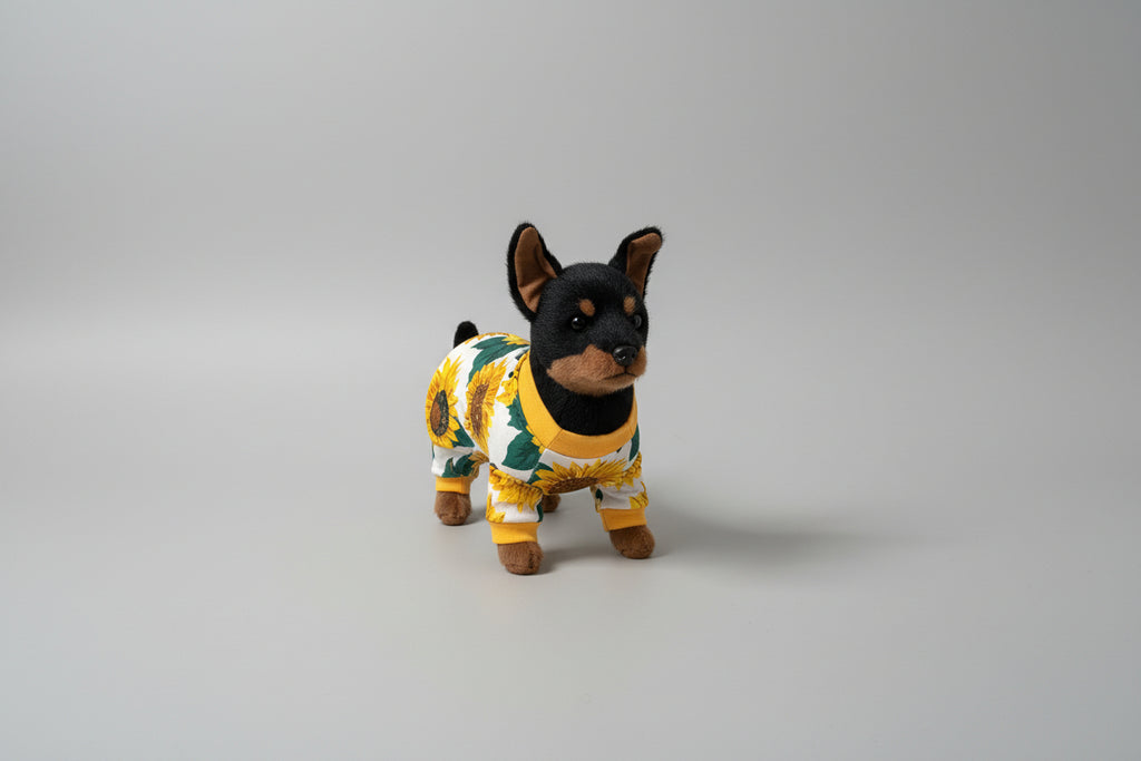Dog wearing a sunflower hoodie on a beige couch