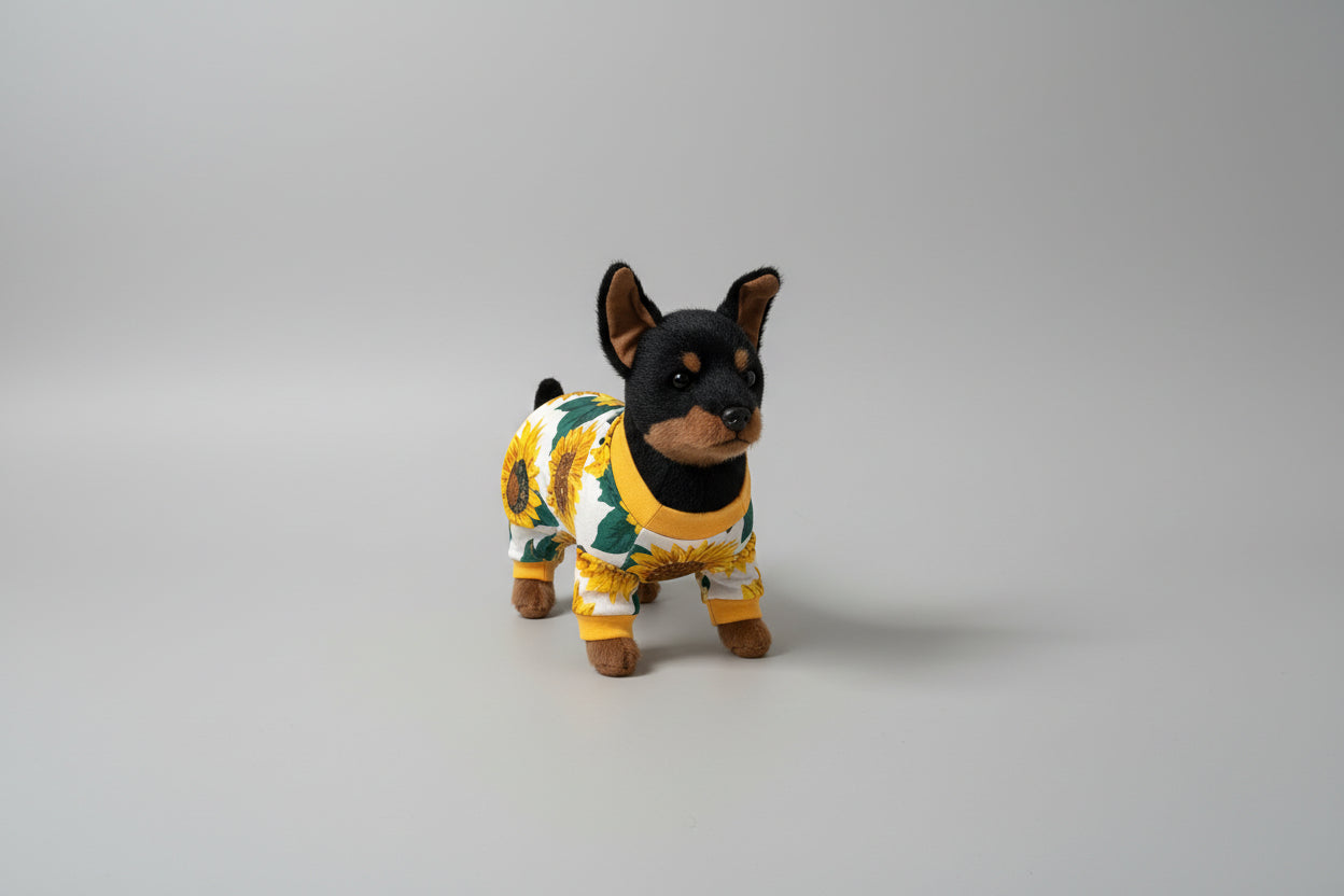 Dog wearing a sunflower hoodie on a beige couch