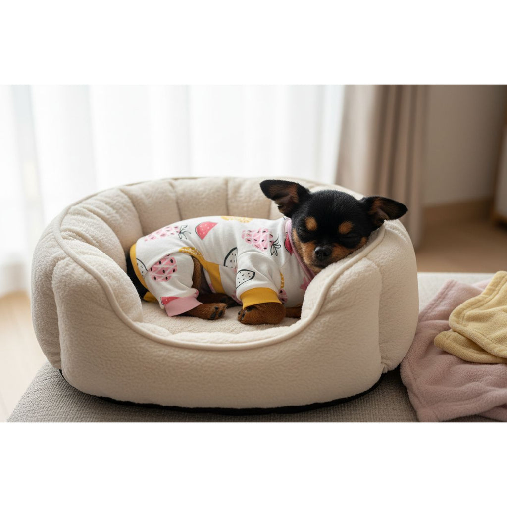 Small dog wearing a white outfit with colorful fruit patterns on a beige couch.