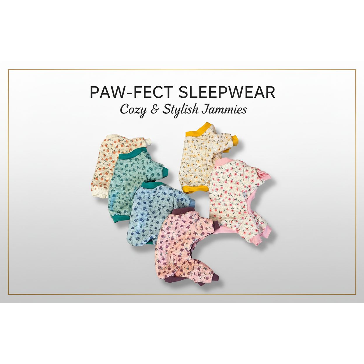 Set of dog pajamas in various patterns on a textured surface