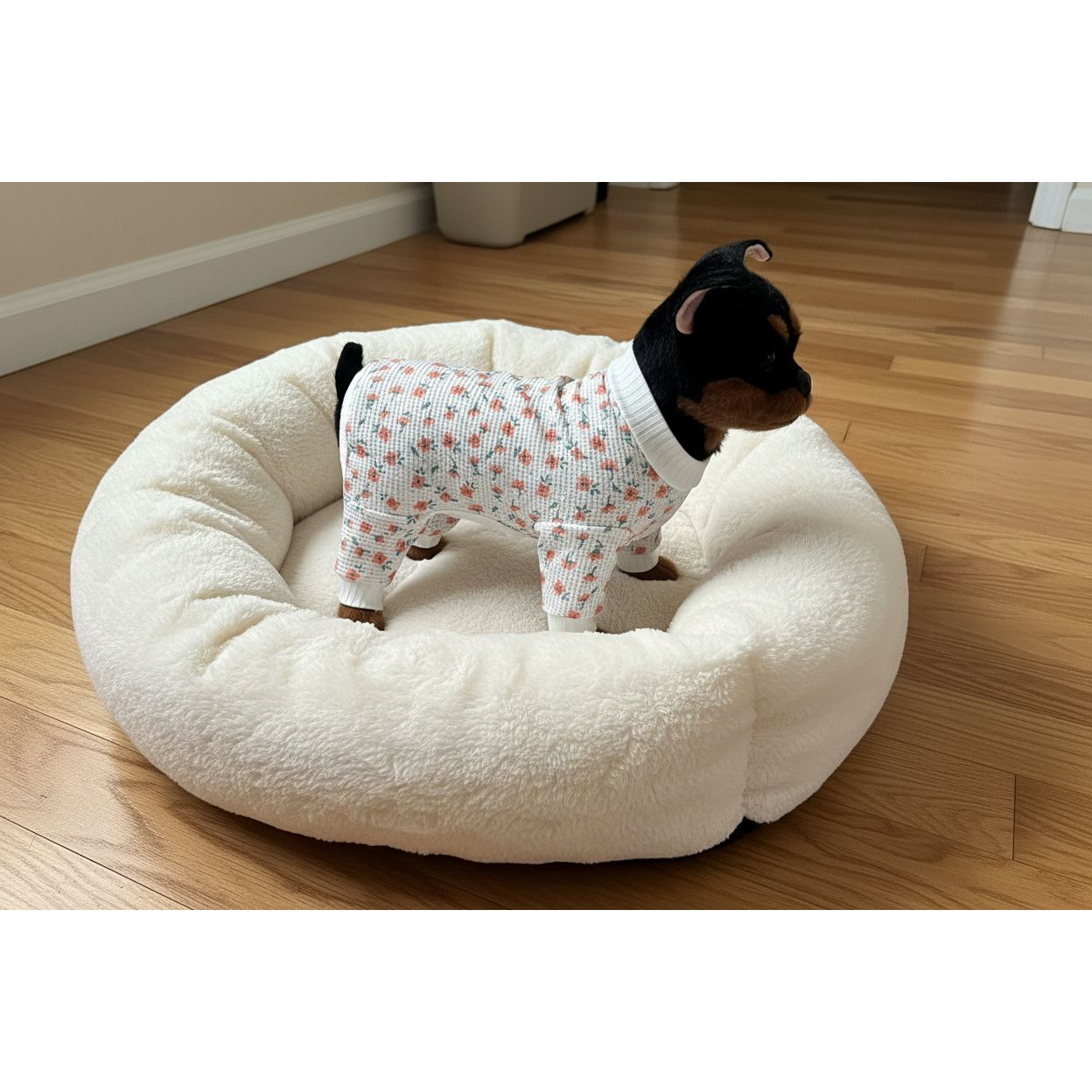 Dog wearing a floral pajama suit sitting on a beige couch.