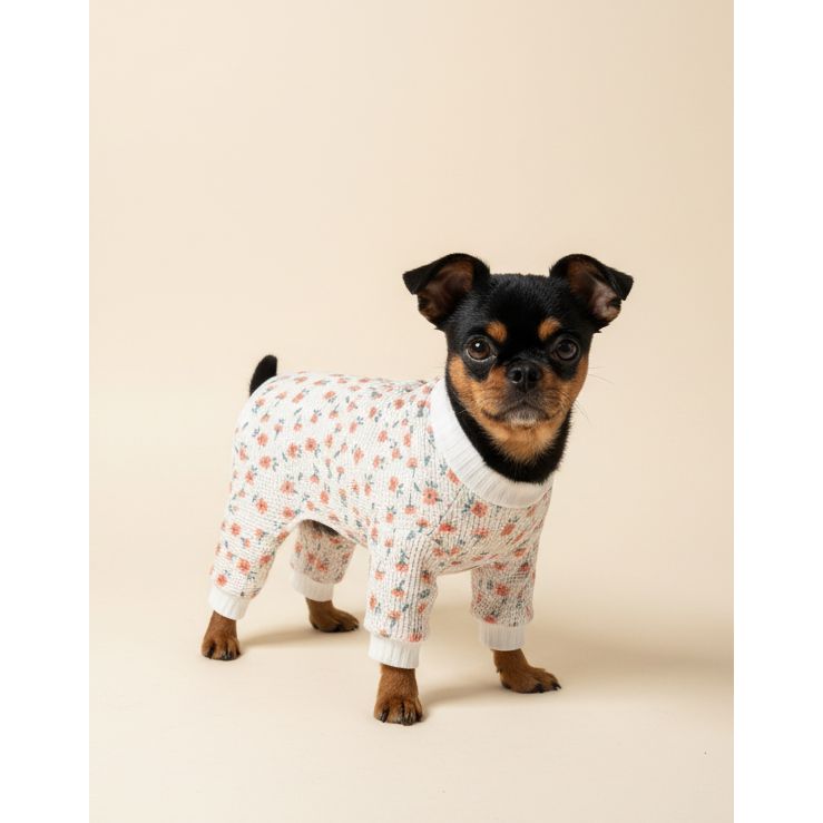 Small dog wearing a floral outfit sitting on a textured beige couch.