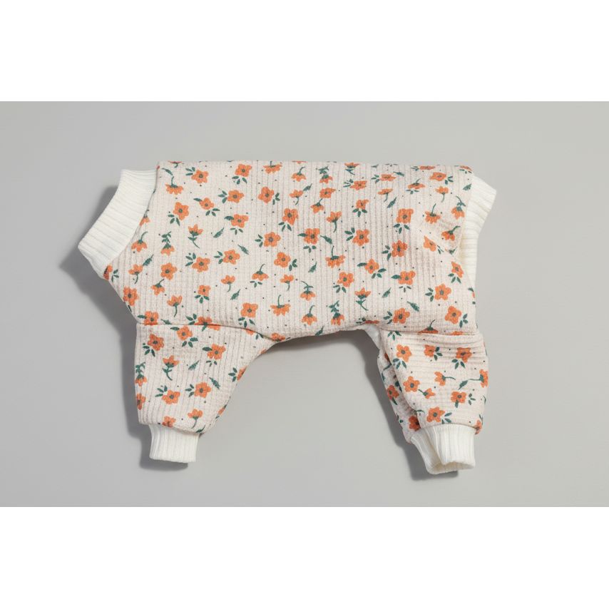 Floral patterned dog pajamas on a beige marble background
