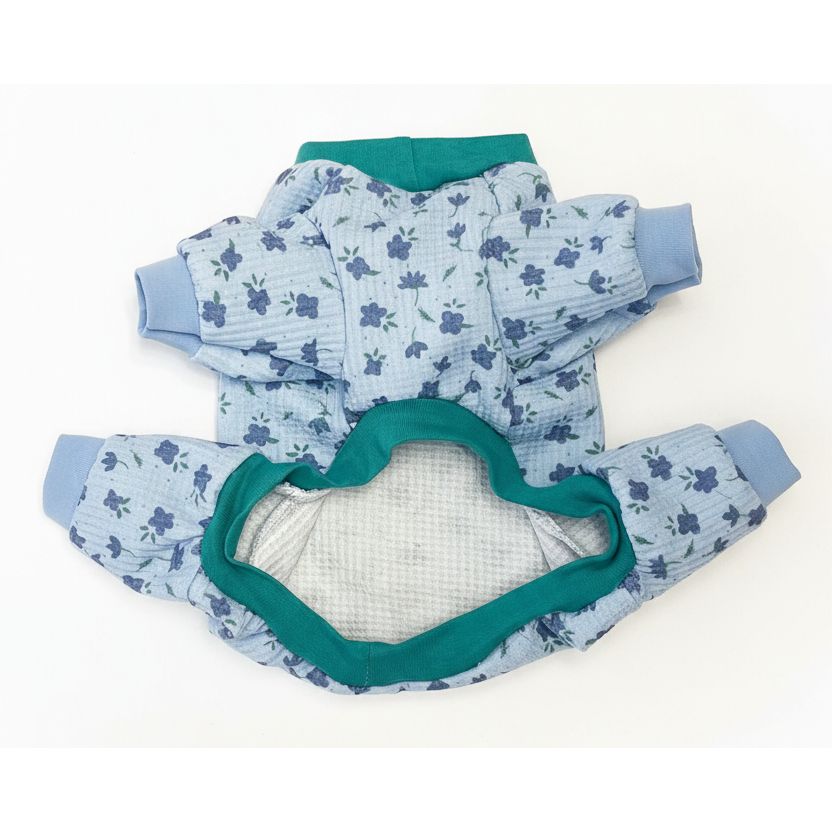 dog  pajamas with floral pattern on a beige surface