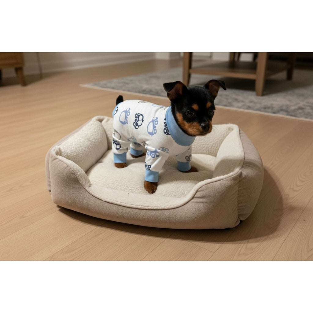 Dog wearing pajamas with car patterns on a beige couch