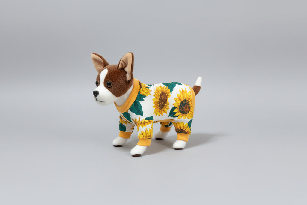 Small dog wearing a sunflower patterned outfit on a beige couch