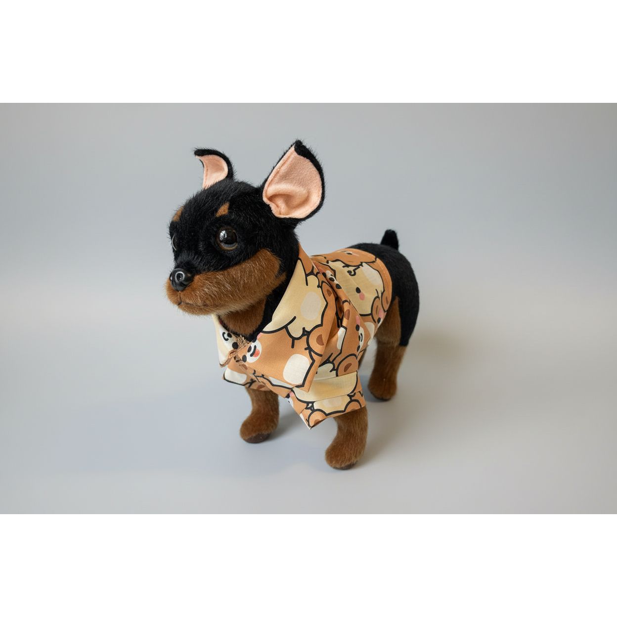 Small dog wearing a patterned outfit on a light blue background