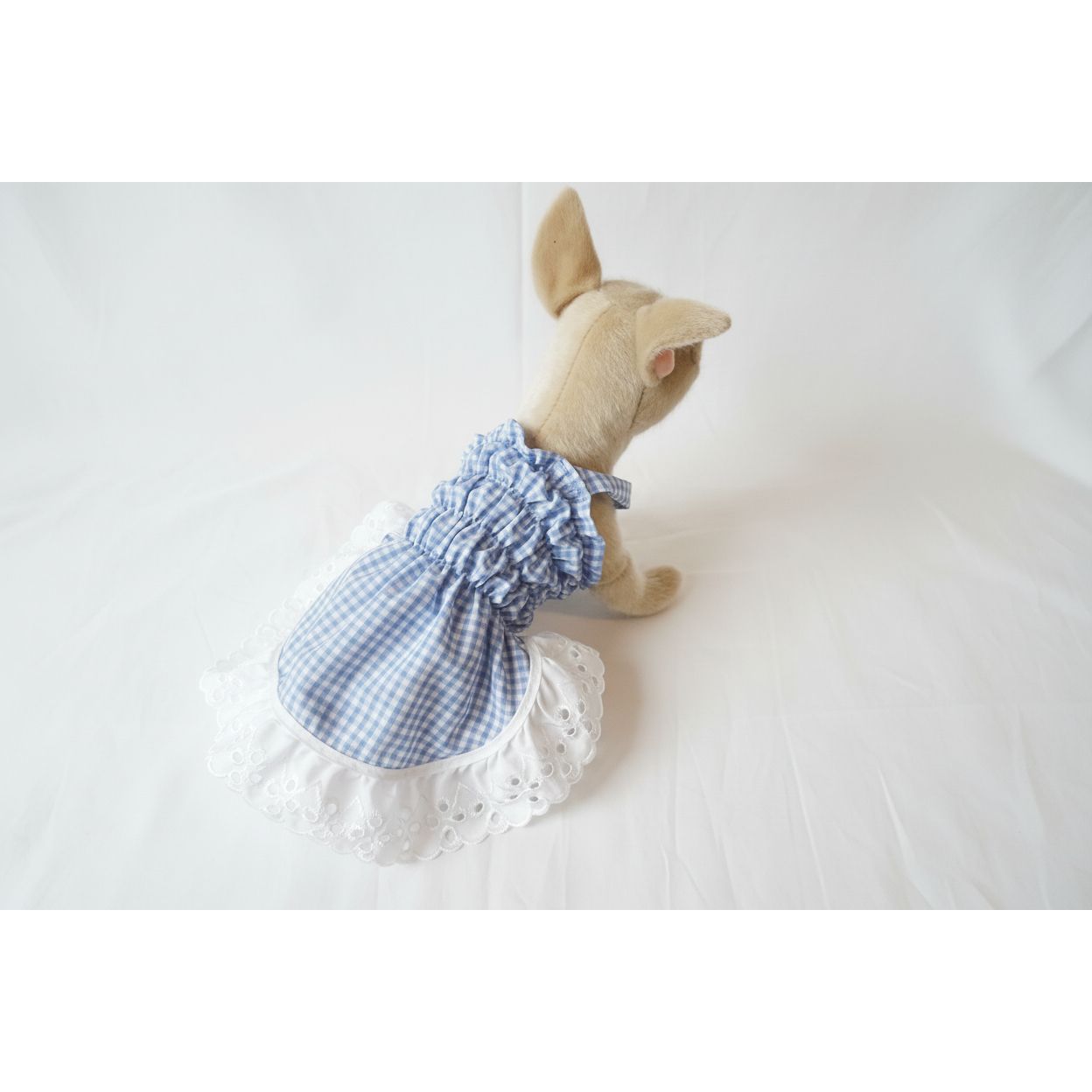 Small dog wearing a blue checkered dress with white lace trim on a white background