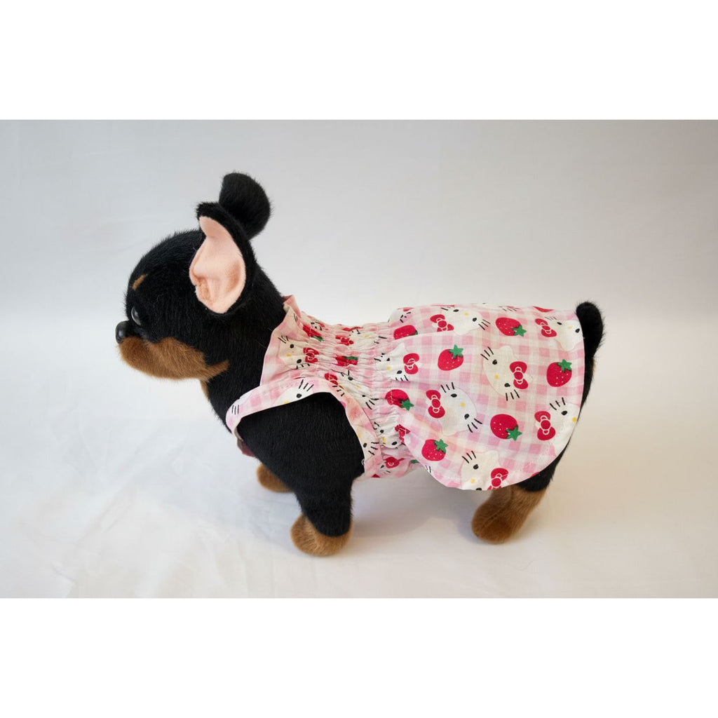 Dog wearing a pink checkered dress with red strawberries on a white background