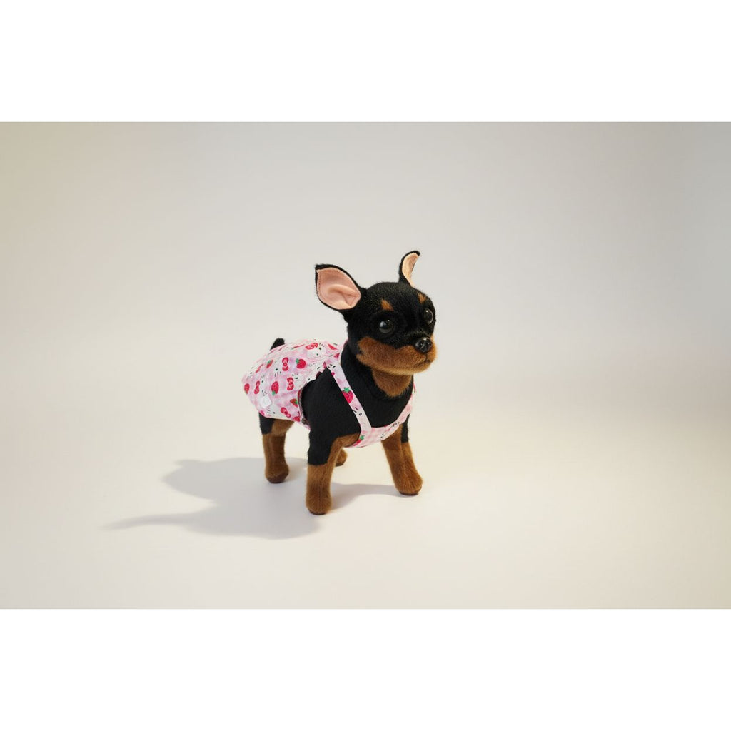 dog with a pink floral pattern on a white background