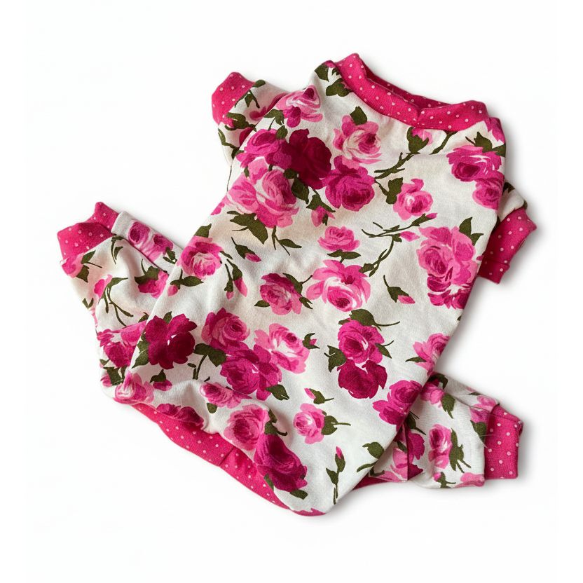 Floral patterned dog pajamas on a beige surface