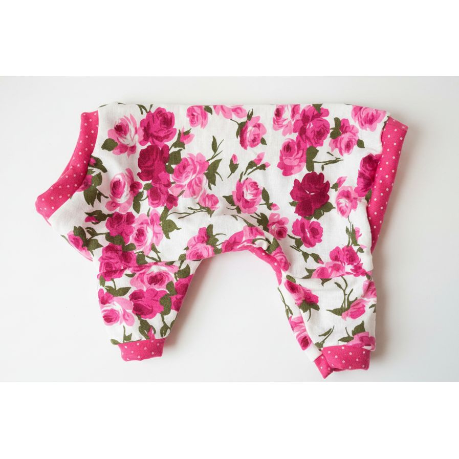 pink and fuchsia rose pattern dog pajamas with a cute polka dot trim. 