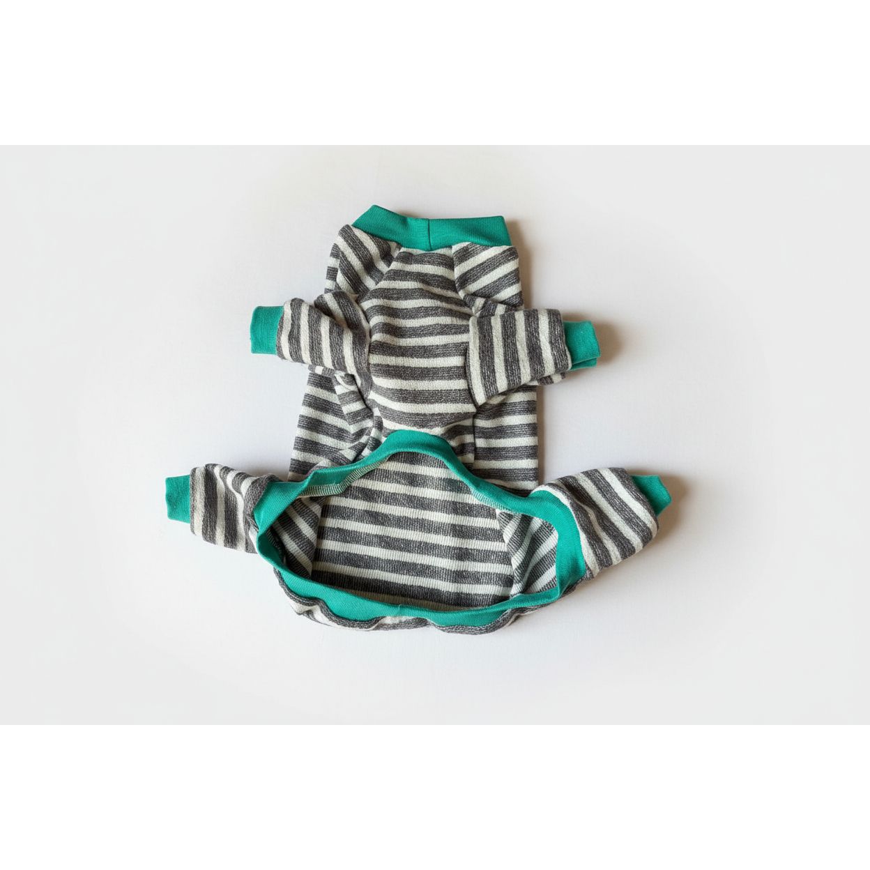Striped dog pajamas with green trim on a beige surface