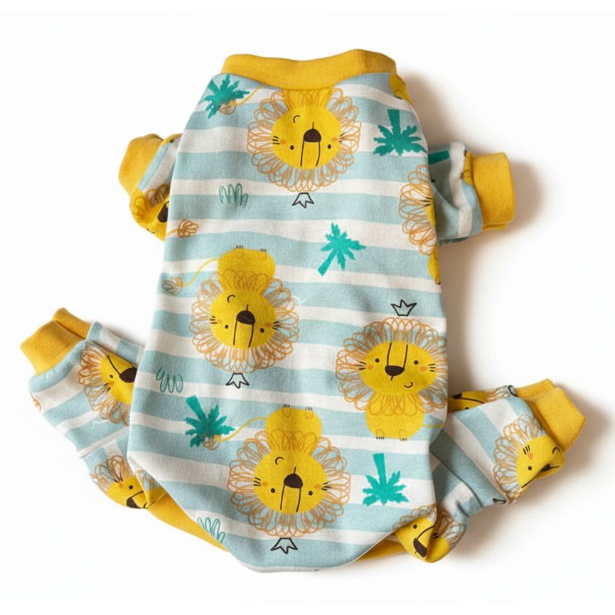 Dog pajamas with lion pattern on a pink surface