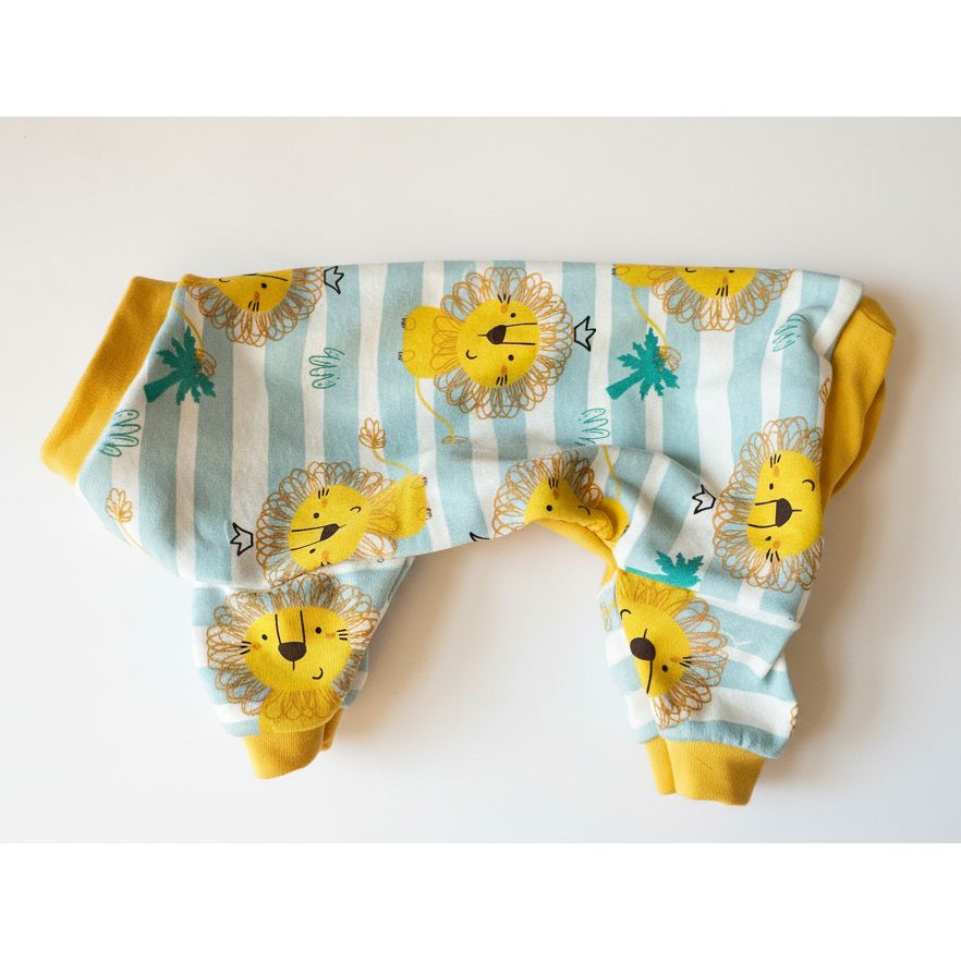 dog pajamas with lion pattern on a light pink surface