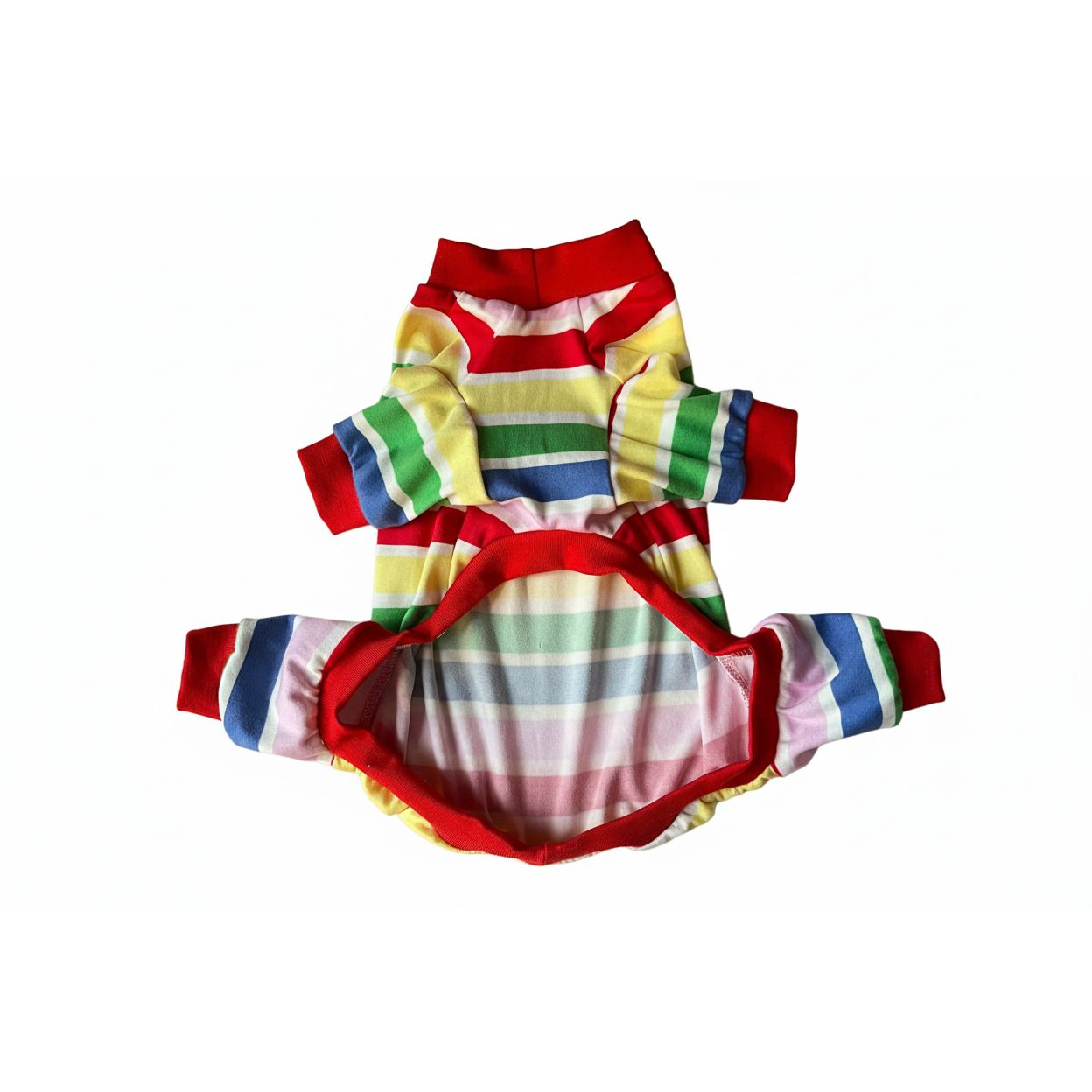 Colorful striped 4 leg dog outfit on a beige surface