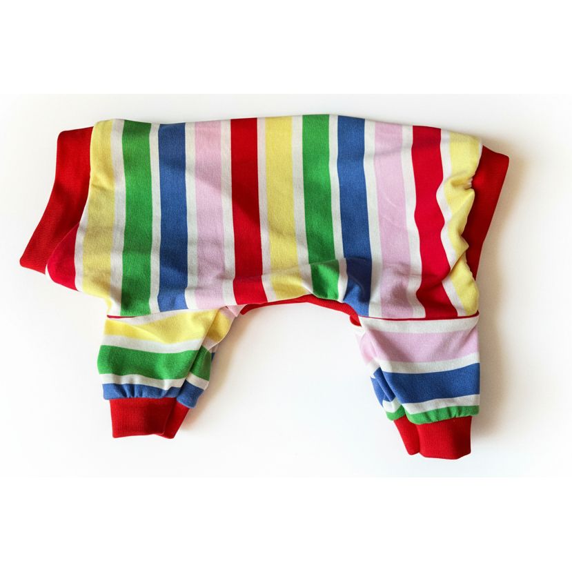 Colorful striped dog outfit on a light pink background