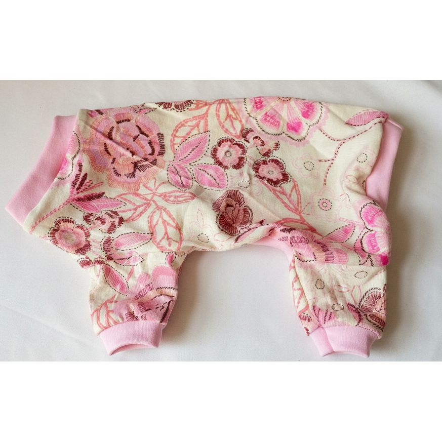 Soft pink floral garden on cream pattern cotton dog pajamas with a matching pink trim