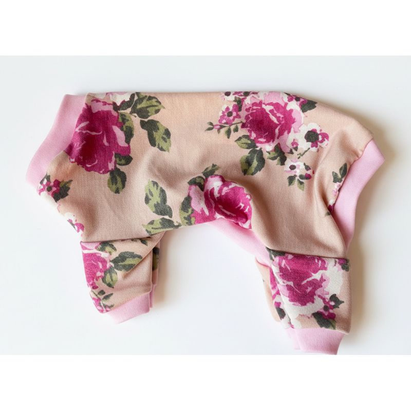 Floral-patterned 4 leg dog pajamas with pink and green flowers on a beige background