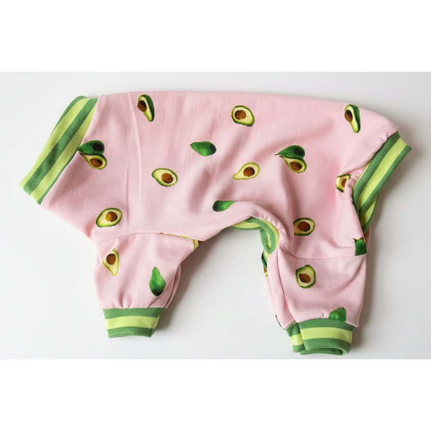 Pink dog pajamas with avocado pattern on a white background