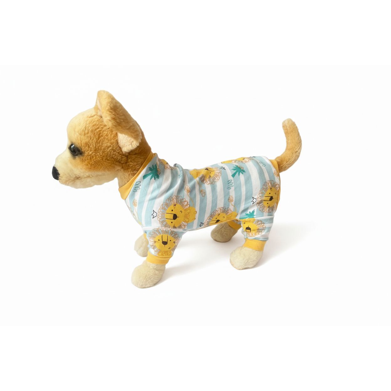 Stuffed dog toy wearing a patterned outfit on a white background