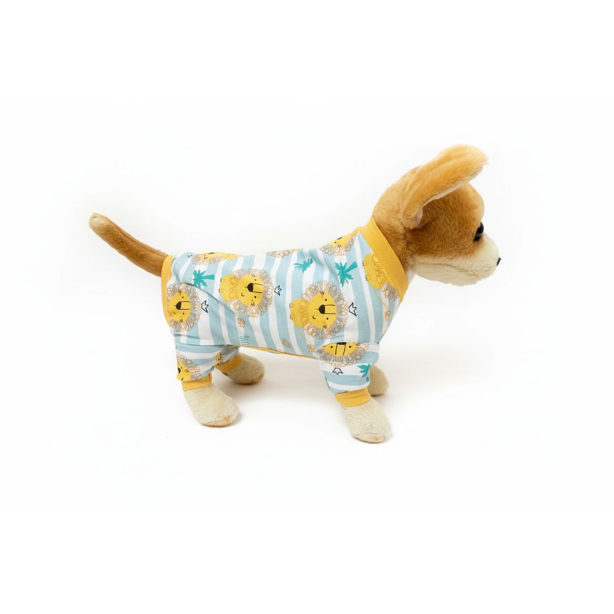 Dog toy resembling a dachshund wearing a floral outfit on a white background