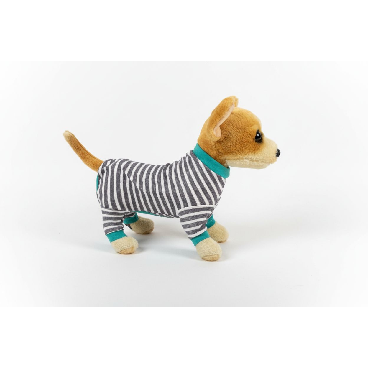 Stuffed dog toy wearing a striped outfit with green accents on a white background