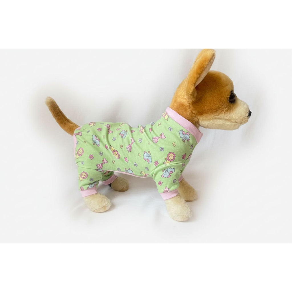 Small dog wearing a green floral pajama set on a white background