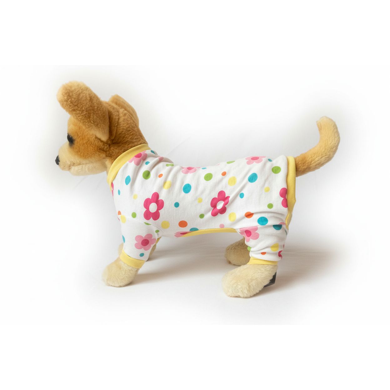 Small dog wearing a colorful polka dot and floral patterned outfit on a white background