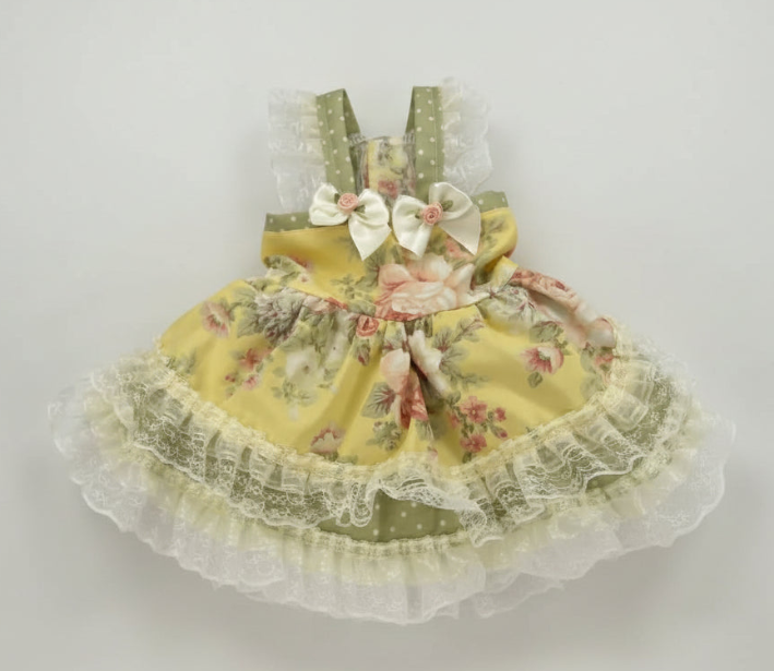 Elegant pale yellow and olive green shabby roses dog dress.